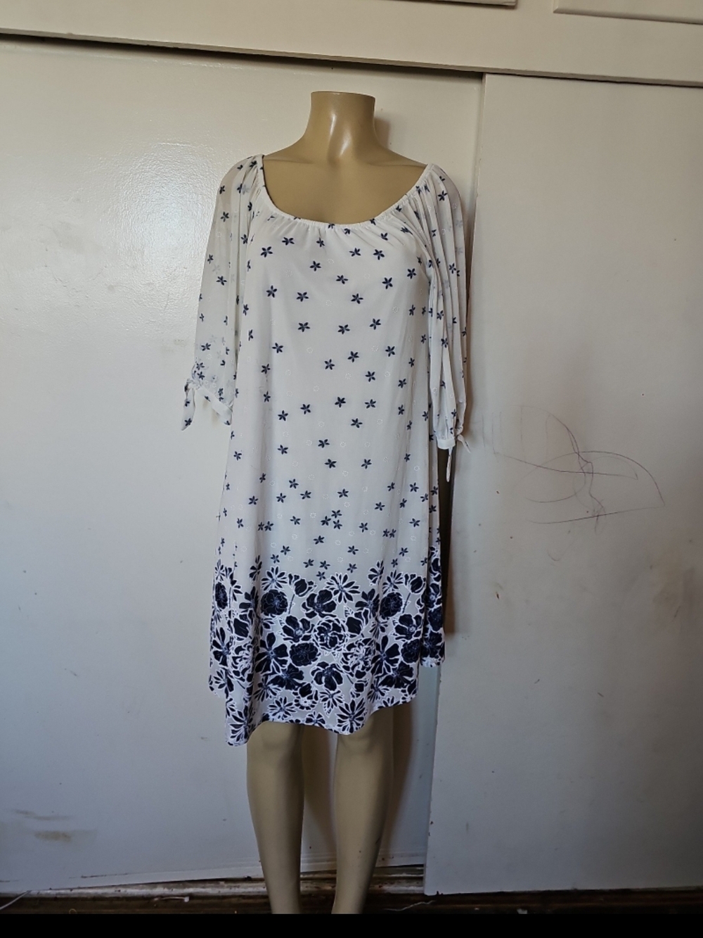 Siren Lily White Dress with Navy Floral Accents